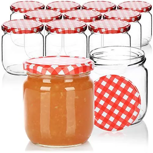 Produktbild: com-four® 12x Einmachgläser mit rot/weiß kariertem Schraub-Deckel - TO Ø 82 mm - bis zu ca. 425 ml