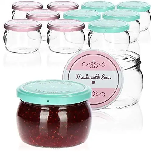 Produktbild: com-four® 12x bauchige Einmachgläser mit Schraub-Deckel Made with love in grün und rosa - TO Ø 82 mm - empfohlene Füllmenge ca. 185 ml - bis Glasrand: ca. 260 ml
