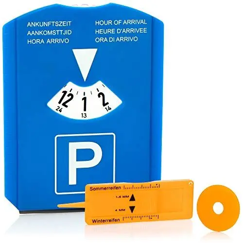 Produktbild: com-four® 1x Parkscheibe mit Eiskratzer, Gummilippe und Einkaufswagenchip und Reifenprofilmesser - Parkuhr aus Kunststoff (01 Stück - Parkscheibe mit Chip+Profilmesser)