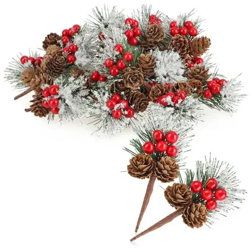 Produktbild: com-four® 20x Deko-Zweig mit Lärchenzapfen, roten Beeren und Baumnadeln - Streudeko weihnachtlich - Dekozweig für Kränze und Gestecke (20 Stück - rote Beeren weiß)