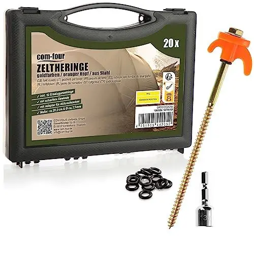 Produktbild: com-four® 20x Zeltheringe, robuste Stahl-Heringe mit Gewinde und Seil-Halterung, Felsboden-Erdnägel für Camping, Box mit Zelthaken für harten Boden und Holz