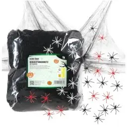 Produktbild: com-four® 25-teiliges Deko-Set für Halloween - 200g dehnbares Spinnennetz mit 24 Deko-Spinnen - gruseliges schwarzes Spinnengewebe als Dekoration für Halloween, Fasching, Horror- oder Mottopartys