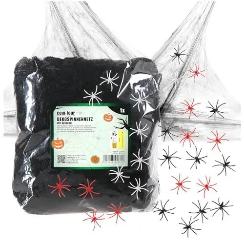 Produktbild: com-four® 25-teiliges Deko-Set für Halloween - 200g dehnbares Spinnennetz mit 24 Deko-Spinnen - gruseliges schwarzes Spinnengewebe als Dekoration für Halloween, Fasching, Horror- oder Mottopartys
