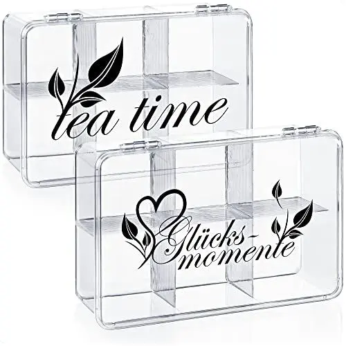 Produktbild: com-four® 2x Aufbewahrungsbox für Tee und Teebeutel - Teebox aus transparentem Kunststoff mit 6 Fächern - Teekiste zur Teeaufbewahrung (2 Stück - Glücksmomente & Teatime)