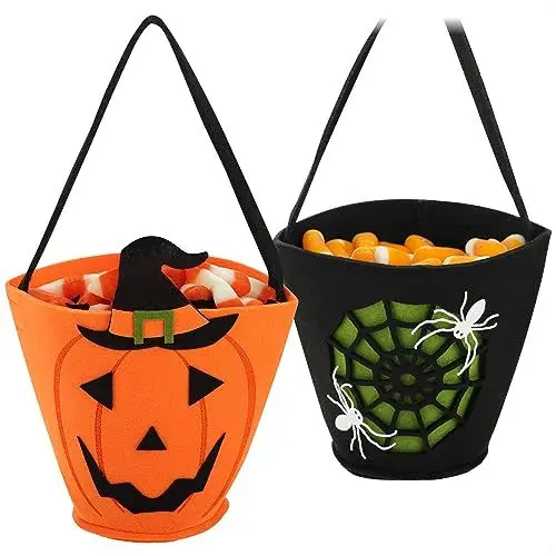 Produktbild: com-four® 2X Halloween Tasche - Beutel zum Sammeln von Süßigkeiten - Sammeltasche aus Filz - Geschenktasche mit kinderfreundlichen Gruselmotiven (02 Stück - schwarz + orange)