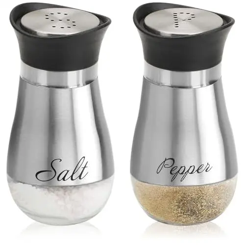 Produktbild: com-four® 2-teiliges Salz- und Pfefferstreuer-Set aus Edelstahl und Glas - Gewürzbehälter mit Aufschrift - Schüttler für Gewürze in Küche und Gastronomie - Würzspender (2-teiliges Set - silberfarben)