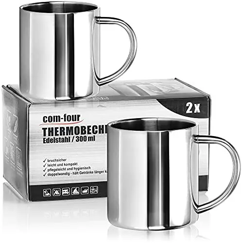Produktbild: com-four® 2x Edelstahl Thermobecher - 300 ml je Becher - Isolierbecher doppelwandig - Kaffeetasse bruchsicher - Thermo-Trinkbecher - Camping Becher - Tasse - BPA-frei (300ml)