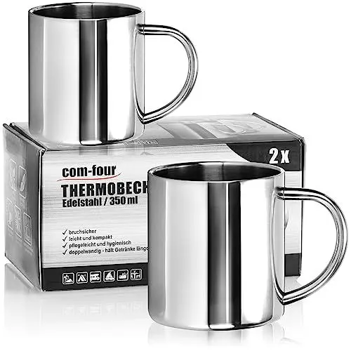 Produktbild: com-four® 2x Edelstahl Thermobecher - 350 ml je Becher - Isolierbecher doppelwandig - Kaffeetasse bruchsicher - Thermo-Trinkbecher - Campingtasse - spülmaschinengeeignet (350ml)