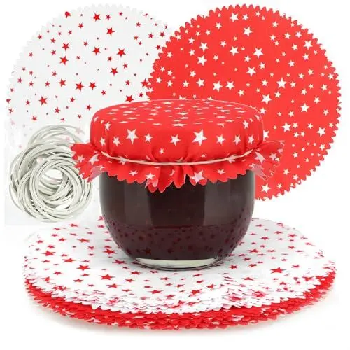 Produktbild: com-four® 30x Schmuckdeckchen für Einmachgläser - Marmeladen-Deckchen mit Gummis - weihnachtliches Dekor für Einmachgläser - Gläserdeckchen zum Dekorieren (030 Stück - rot/weiß)