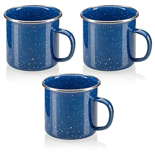 Produktbild: com-four® 3x Emaille-Becher - Trinkbecher aus emaliertem Edelstahl - Teepott - Kaffeetasse für Outdoor und Camping - 3-teiliges Becherset - spülmaschinengeeignet (blau)