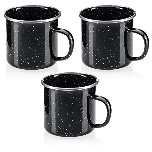 Produktbild: com-four® 3x Emaille-Becher - Trinkbecher aus emaliertem Edelstahl - Teepott - Kaffeetasse für Outdoor und Camping - 3-teiliges Becherset - spülmaschinengeeignet (schwarz)