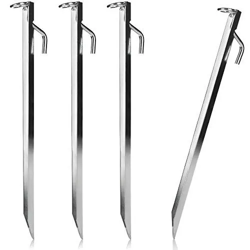 Produktbild: com-four® 4X große Zelt-Heringe aus Stahl mit V-Profil und Ring - robuste Erdnägel zur Sturmsicherung - Bodenanker - Trampolin Befestigung - Vorzelt Sicherung, ca. 38 cm