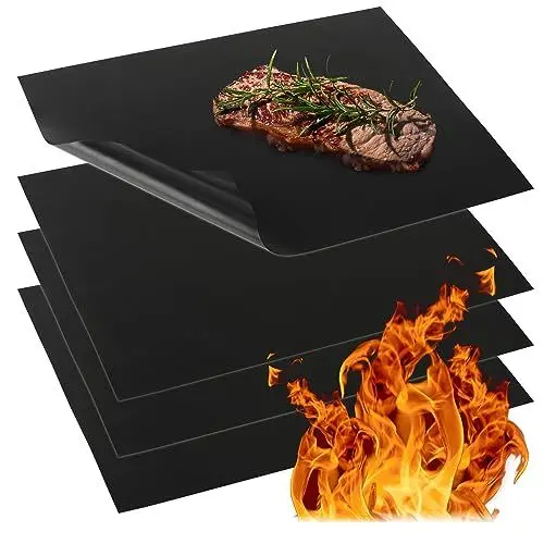 Produktbild: com-four® 4x BBQ Grillmatte aus Teflon - hitzebeständige Backmatte - Antihaft-Grillfolie - Grill- und Backunterlage - wiederverwendbar, zuschneidbar, spülmaschinengeeignet (4 Stück - schwarz)