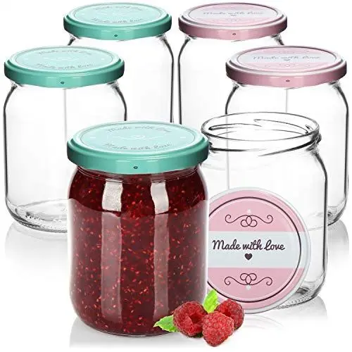 Produktbild: com-four® 6x Einmachgläser mit Schraub-Deckel Made with love in grün und rosa - TO Ø 82 mm - empfohlene Füllmenge ca. 490 ml - bis Glasrand: ca. 540 ml