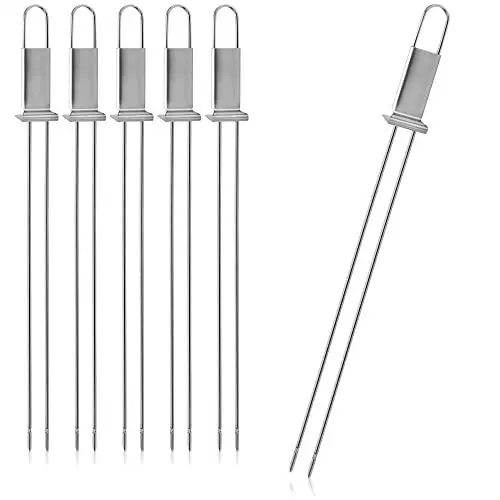 Produktbild: com-four® 6x Premium Grillspieße mit Griff, BBQ Doppelspieß aus rostfreiem Edelstahl 430, Schaschlikspiesse mit Abschieber und Doppelzinken, für Fleisch, Fisch, Gemüse (06 Stück - Edelstahl/Schieber)