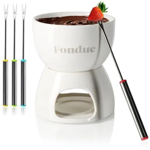 Produktbild: com-four® Premium Schokoladenfondue-Set - Keramikschale mit Teelichthalter und 4 Gabeln - Schmelztopf für Schokolade und Käse - Schmelztiegel - Dessert-Dipschale für 4 Personen - Schmelzgefäß (weiß)