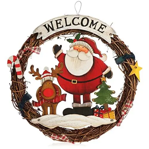Produktbild: com-four® Weihnachtskranz geflochten - Tür Kranz Welcome für Weihnachten - Weihnachtsdeko zum Hängen - Holzkranz ca. Ø 29 cm (Santa Claus - L)