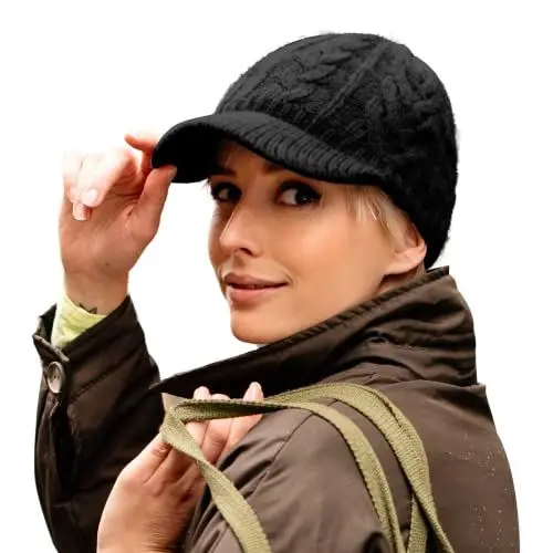Produktbild: Comhats 100% Wolle Winter Schirmmütze Damen Strickmütze mit Schirm Warme Beanie Skimütze Outdoor Schwarz
