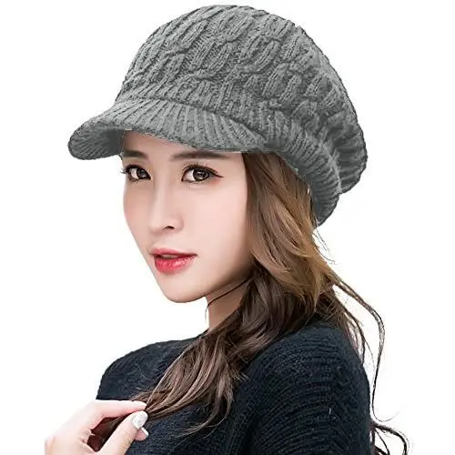 Produktbild: Comhats 50% Wolle Winter Schirmmütze Damen Strickmütze mit Schirm Warme Beanie Skimütze Outdoor Grau
