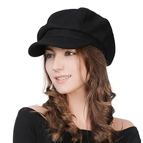 Produktbild: Comhats Damen Ballonmütze warme Schirmmütze Wintermütze Wolle Barett Maler Mütze mit Visor Newsboy Cap 67145_Schwarz M