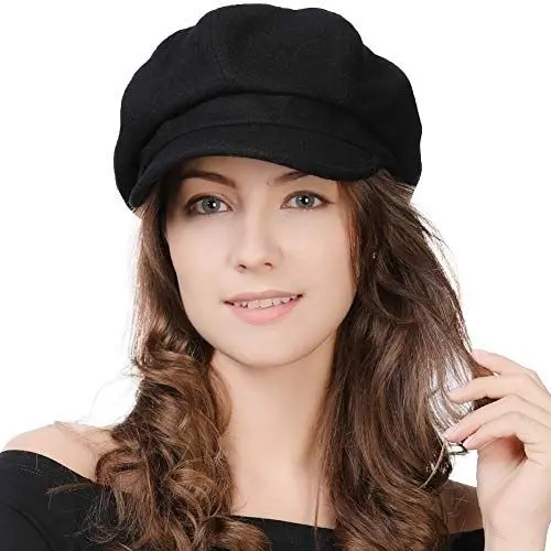 Produktbild: Comhats Damen Ballonmütze warme Schirmmütze Wintermütze Wolle Barett Maler Mütze mit Visor Newsboy Cap 67145_Schwarz(Satinfutte) M