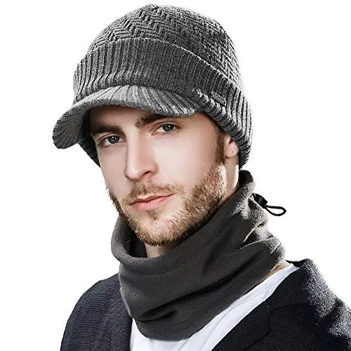 Produktbild: Comhats Winter-Set mit Wollgestrickter Schirmmütze und Fleece-Schal/Halswärmer für Herren und Damen - Warme gestrickte Schirmmütze 69311_Grau M