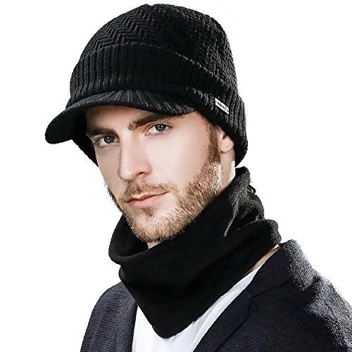 Produktbild: Comhats Winter-Set mit Wollgestrickter Schirmmütze und Fleece-Schal/Halswärmer für Herren und Damen - Warme gestrickte Schirmmütze 69311_Schwarz L