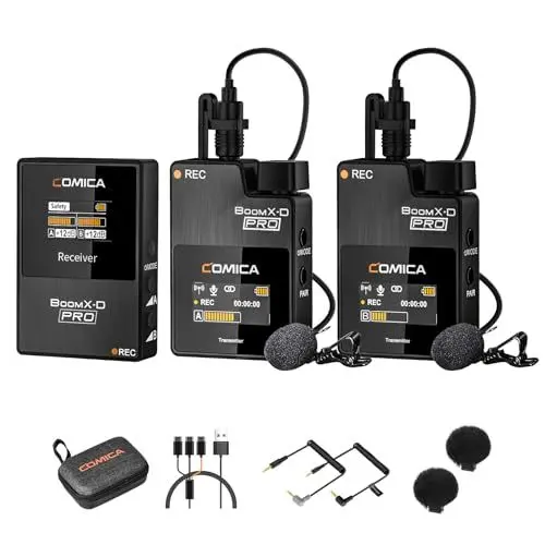 Produktbild: COMICA BOOMX-D2 PRO Lavalier Mikrofon Wireless, 48kHz/16 bit Audioqualität, Lärmminderung, 16GB Speicher, 100m Reichweite, Ansteckmikrofon Kabellos für DSLR-Kamera, Handy, iPhone, PC, Live Stream