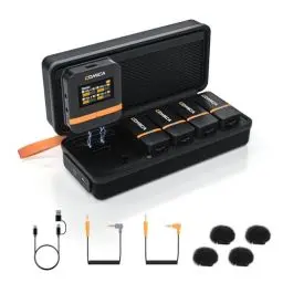 Produktbild: comica Vimo Q Lavalier Wireless Mikrofon mit 4 Sendern und 1 Receiver, 48kHz/24bit Audioqualität, Geräuschunterdrückung, 200M Reichweite, Ansteckmikrofon kabellos für DSLR-Kamera, Handy, iPhone, PC