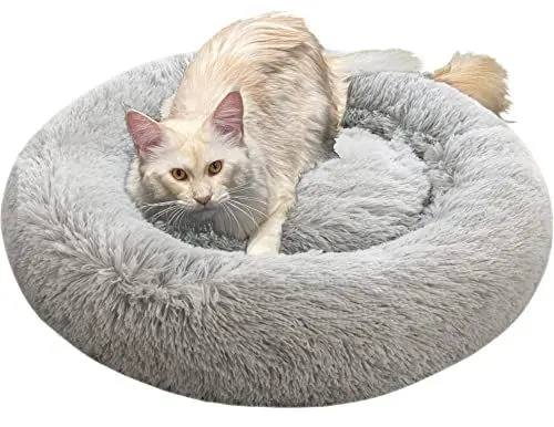 Produktbild: Comlax Beruhigende Donut Hundebetten Mittel, Rundes Kissen mit abnehmbarem waschbarem Bezug, Anti-Angst-Kunstfell-Kuscheltier, Flauschiges, bequemes, pelziges Haustierbett (60cm, Silber)