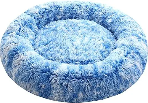 Produktbild: Comlax Beruhigende Donut Hundebetten Klein, Rundes Kissen mit abnehmbarem waschbarem Bezug, Anti-Angst-Kunstfell-Kuscheltier, Flauschiges, bequemes, pelziges Haustierbett (50cm, Blau)