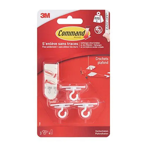 Produktbild: Command Deckenhaken, Weiß - 3 Haken selbstklebend und 4 Kleine Klebestreifen - Organisieren ohne Bohren - Hält 225 g