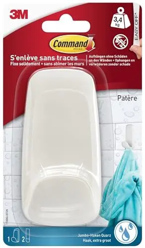 Produktbild: Command Badezimmer XL-Haken, Quartz - 1 Haken und 2 wasserfeste Streifen, Weiß - Organisieren ohne Löcher und Bohren - Haltekraft bis zu 3,4 kg