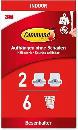 Produktbild: Command Besenhalter, 2 Haken und 6 Klebestreifen – zum Aufhängen von Besen, Bürsten und Mopps, ohne Löcher zu Bohren
