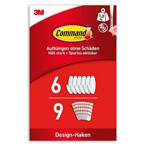 Produktbild: Command Klebehaken, Größe M, Weiß - Packung mit 6 Haken selbstklebend und 9 Mittelgroße Klebestreifen, Strip - Haken für Wand, Türhaken, Organisieren ohne Bohren - Hält 1,3kg