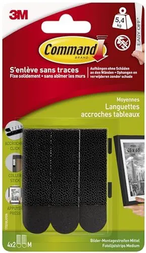 Produktbild: Command Klebestreifen, Schwarz, 4 Sets mit mittelgroßen Strips (M) - Bilder aufhängen ohne Bohren, Streifen halten bis zu 5,4 kg, rückstandsfreies Ablösen