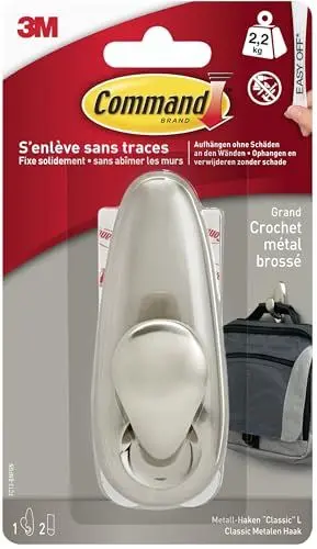 Produktbild: Command Metallhaken Forever Classic, gebürstetes Nickel - 1 Metallhaken und 2 Klebestreifen - Zum Aufhängen von Taschen und Kleidung - Haken für Wand oder Tür, ohne Bohren, hält bis zu 2,2 kg