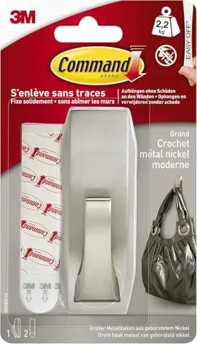 Produktbild: Command Metallhaken Modern Reflection, gebürstetes Nickel - 1 Metallhaken und 2 Klebestreifen - Zum Aufhängen von Taschen und Kleidung - Haken für Wand oder Tür, ohne Bohren, hält bis zu 2,2 kg