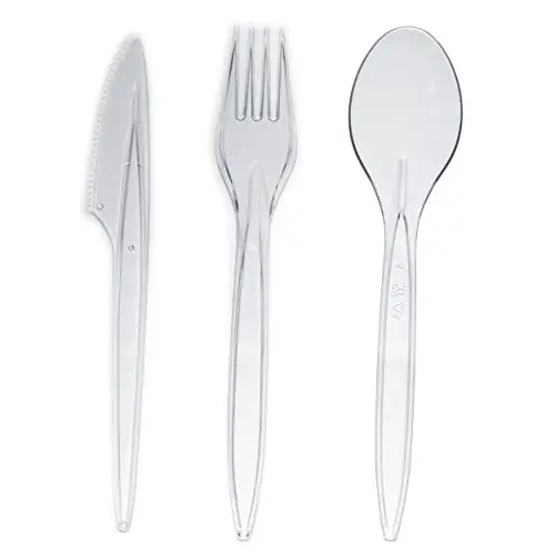 Produktbild: Commerline 300 Stück Plastikbesteck Set | 100Löffel & 100Gabeln & 100Messer Set | Mehrweg & Robust | Wiederverwendbar Spülmaschinenbeständig gemäß(100 Löffel & 100 Gabeln & 100 Messer)