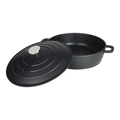 Produktbild: Commichef Flache Kasserolle, Auflaufform, Schwarz, Aluminiumguss, Mit Deckel, 28cm Durchmesser, 4,5 Liter Fassungsvermögen, Geeignet für Backöfen und Kochfelder, XR-L28BK