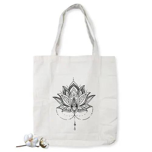 Produktbild: como sato - LOTUS Stoffbeutel - Baumwolltasche Bedruckt - Tragetasche Canvas-Stoff - Jutebeutel Bedruckt - Einkaufstasche Lange Henkel 70cm - Einkaufsbeutel (Lotus)