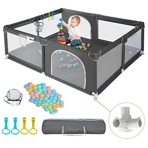 Produktbild: COMOMY Laufstall Baby, 150x180x66cm Laufgitter Baby Große xxl Sicherheitsspielplatz Schutzgitter für Kinder mit Weichem Netz, Rutschfestem Oxford Bottom, Bällen, Mini-Körbchen und 4 Zugringen