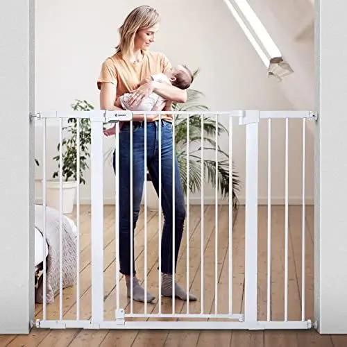 Produktbild: COMOMY Türschutzgitter Extra Hoch, 75-124cm Treppenschutzgitter ohne Bohren, Türgitter mit 3 Verlängerungen für Kinder, Hund und Katze, 91,4cm Hoch - Weiß