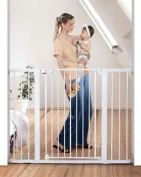 Produktbild: COMOMY Türschutzgitter Extra Hoch, 75-124cm Treppenschutzgitter ohne Bohren, Türgitter mit 3 Verlängerungen für Kinder, Hund und Katze, 92cm Hoch - Weiß