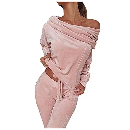 Produktbild: Compatible with Motorradkleidung Set Frauen setzt solide Schulter Langarm-Sportanzug lässige solide Off-Schulter Sweatershirts Bluse Hosenanzug Damen (Pink, M)