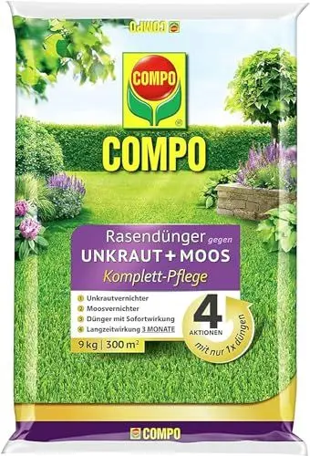 Produktbild: COMPO Rasendünger gegen Unkraut und Moos - 9 kg für 300m² - 3 Monate Langzeitwirkung - COMPO Rasendünger gegen Unkraut + Moos Komplett-Pflege