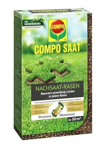 Produktbild: COMPO SAAT Nachsaat-Rasen, Rasensamen / Grassamen, Spezielle Nachsaat-Mischung mit wirkaktivem Keimbeschleuniger, 1 kg, 50 m²