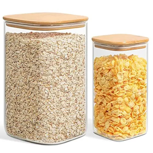 Produktbild: ComSaf 4,4 L/1,5 L Vorratsdosen mit Deckel 2er Set, Φ15cm Keksglas Vorratsgläser Eckig mit Deckel Luftdicht Holz, Deko Aufbewahrungsgläser zur Küche für Reis, Nudeln, Hafer, Getreide, Kekse