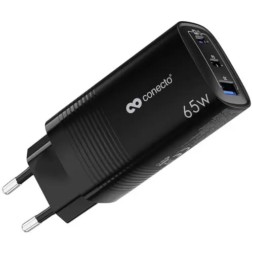 Produktbild: conecto USB C Ladegerät, 3 Port Mehrfach Adapter, Netzteil 65 Watt Schnellladegerät kompatibel mit Apple iPhone 15, Samsung, Tablet, Laptop UVM, GaN QC PD Charger, Schwarz