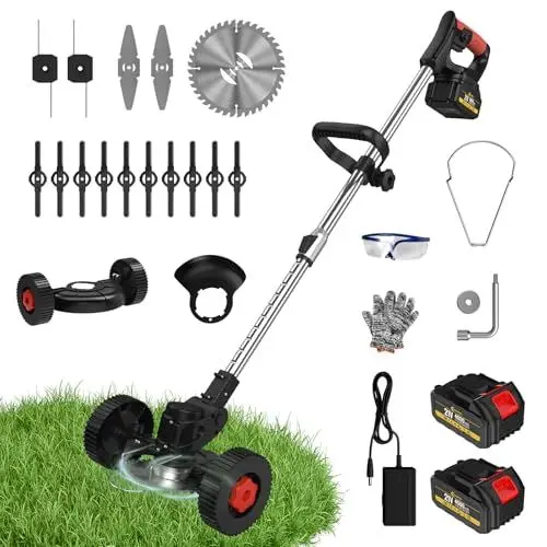Produktbild: CONENTOOL 600W Akku Rasentrimmer Mit 2X 2000Ah Akku 21V Rasenkantenschneider Mit 4 Arten Von Schneidklingen, 8500rpm/min Freischneider Mit Hilfsgleitrad, Teleskopstab Motorsense (Schwarz)